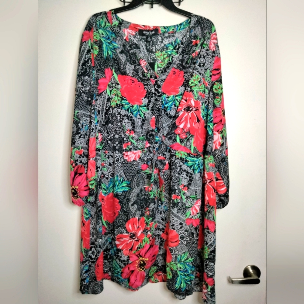 Arna York (Size 16) Multicolored Bordeaux Floral Print LS Shift Dress (NEW-NWT)